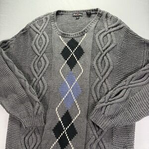 Johnnie Walker Sweater Mens 2XL Gray Cable Knit Chucky Argyle Grandpa Heavy